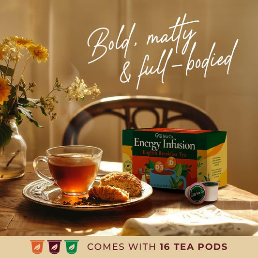 Gya Tea Co English Breakfast Tea Gift Set (16 ct) - High Caffeine Wellness Tea Pod Rich in Vitamin D, D3 for Refresh &amp; Energy