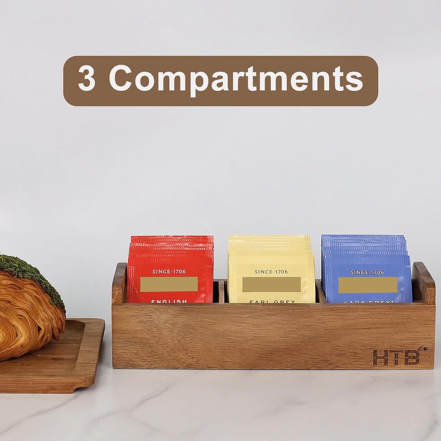 HTB 2 Pack Acacia Wood Small Tea Bag Box with 3 Compartments for Counter | Tea Bag Chest with Handle, Mini Countertop Divided Storage Container for Beverage Supplies, Sugar, Sweeteners