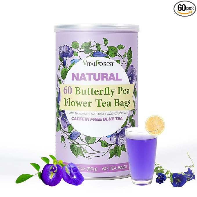 60 Dried Butterfly Pea Flower Tea Bags, VitalForest Butterfly Blue Pea Flower Tea, Premium Caffeine Free, Non-GMO, for Cooking, Iced Tea, Coolers
