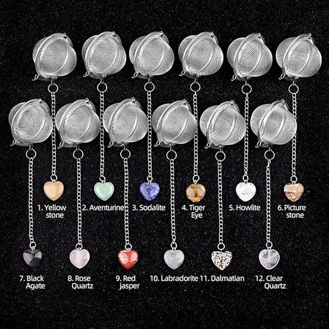 5 Pcs Tea Filter Stainless Steel with Heart Crystal Energy Stone Tea Strainers with Fine Mesh Extend Chain Hook Tea Ball Infuser for Loose Tea Leaves