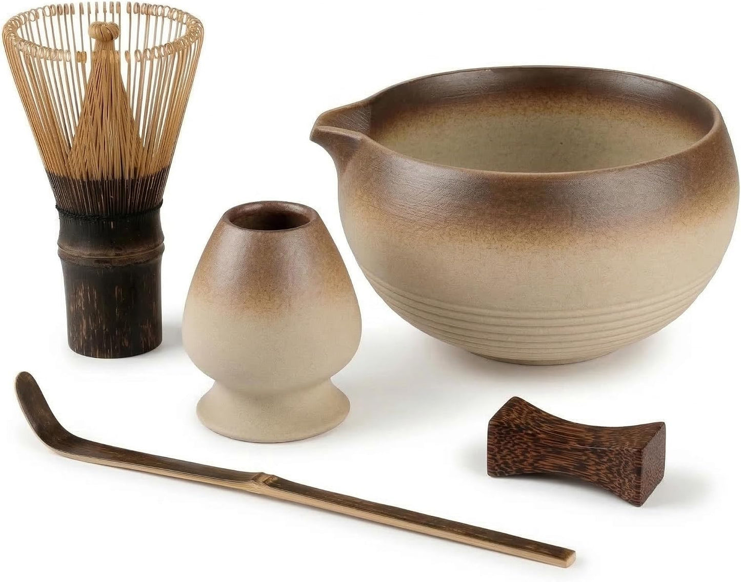 Matcha Set, 5-Piece Matcha Whisk Set with Bowl &amp; 100-Prong Whisk | Rustic Stoneware Texture, Natural Matte Finish, 100-Prong for Creamy Foam, Japanese Tea Ceremony, Gift for Matcha Lovers