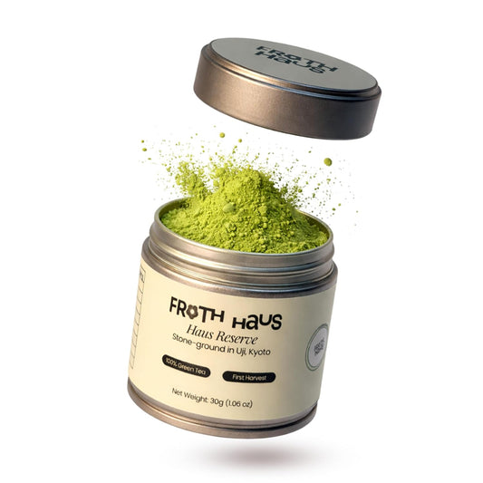 Froth Haus Premium Reserve Authentic Japanese First Harvest Ceremonial Grade Matcha Green Tea Powder, Pure Organc Grown in Uji, Kyoto