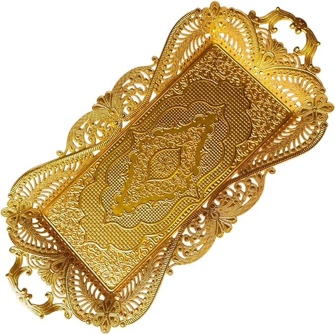 Small Gold Turkish Tea Coffee Serving Tray Table Decor Decorative Handles Rectangle