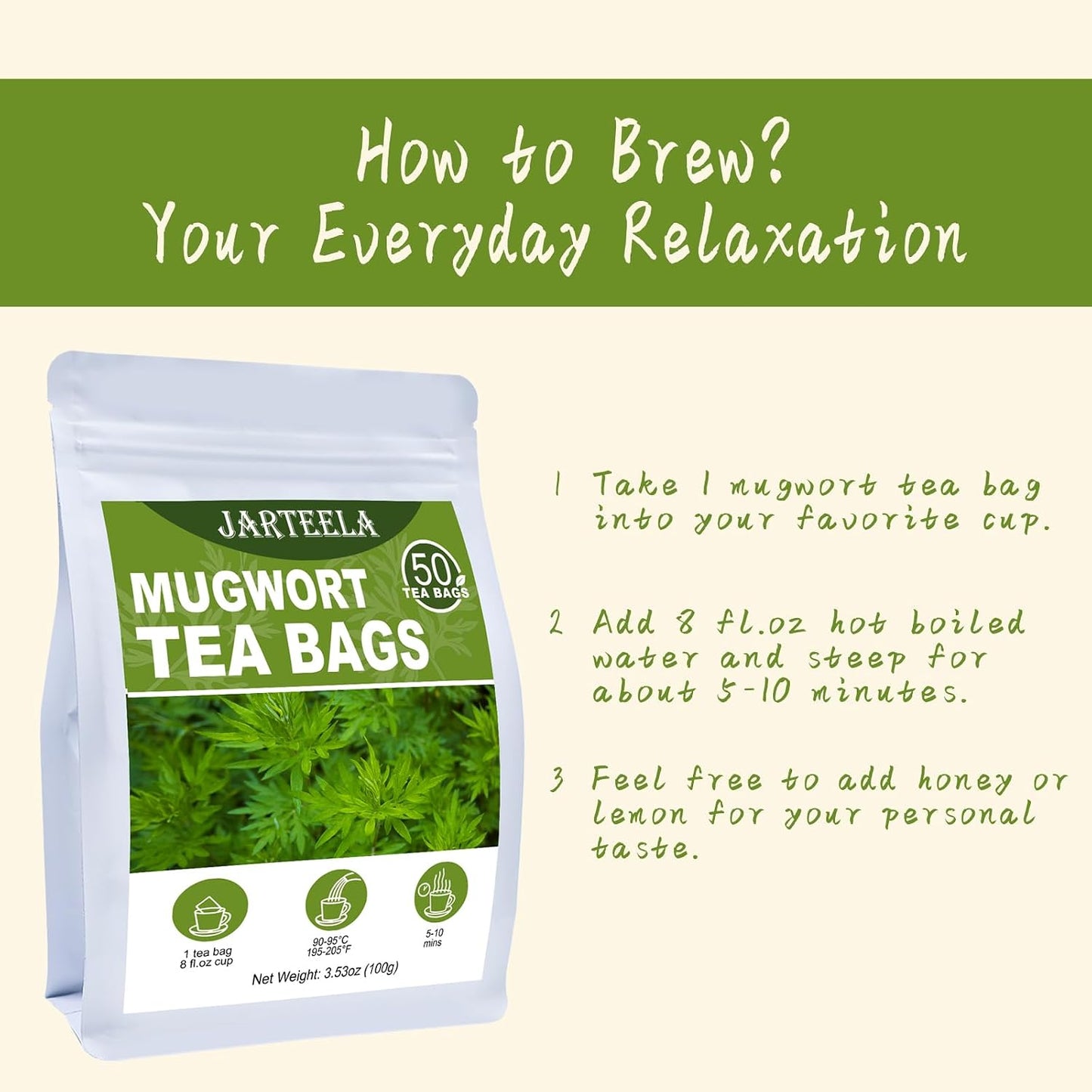Jarteela - Mugwort Tea Bags, 50 Count, Dried Mugwort Herb Teabags | 100% pure mugwort herb, caffeine-free and Non-GMO. Earthy and smooth, ideal for daily hot or iced artemisia tea.