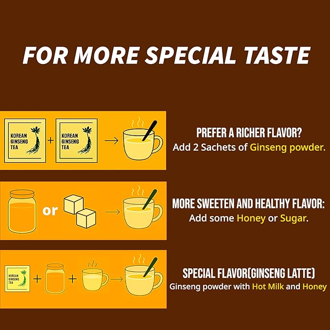 Korean Ginseng Tea - Caffeine Free, 3g Single-Serve Powder 100 Sachets, Improves Blood Circulation, Intellectual Performances and Memory