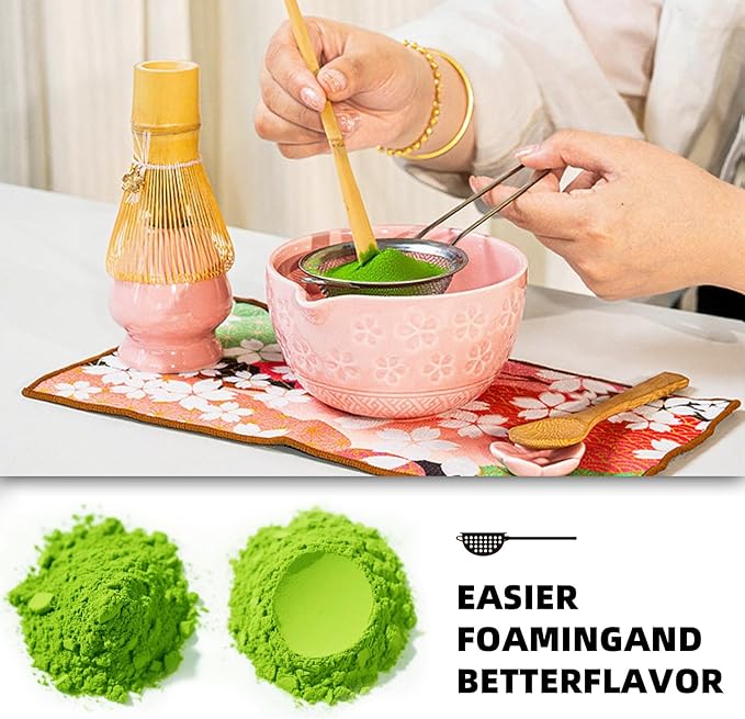 Matcha Whisk Set with Matcha Bowl, Matcha Bamboo Whisk, Scoop, Sifter, Matcha Whisk Holder Unique Gifts for Friend Home Kitchen Decor Gifts for