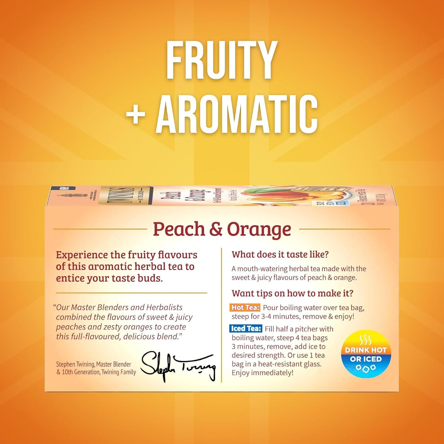 Twinings Peach &amp; Orange Herbal Caffeine-Free Tea Bags, 20 CT Box (1 Pack) | Sweet &amp; Zesty, White Hibiscus, Rosehips, Naturally Caffeine-Free, 20 Foil Lined Individually Wrapped Bags, Enjoy Hot or Iced