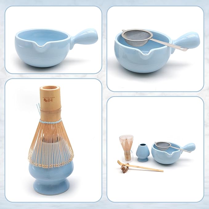 HAPPY PATH & CO Matcha Whisk Set – 6 Pcs Matcha Tea Set Includes Bamboo Whisk(Chasen) & Holder,Bowl with Spout,Sifter,Scoop & Stand | Matcha Making Kit - Perfect for Matcha Lovers(Sky Bear)