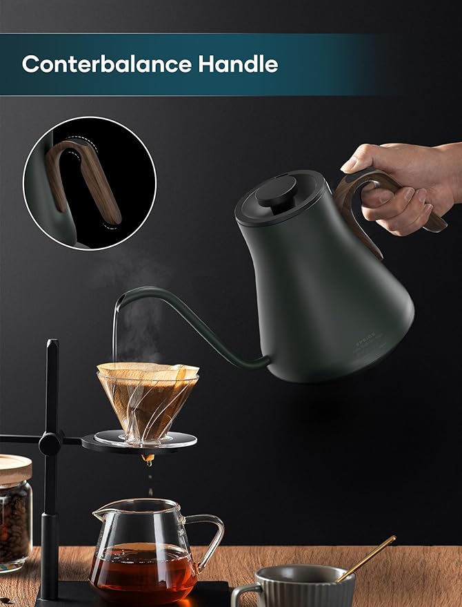 Gooseneck Electric Kettle with ±1℉ Temperature Control for Pour Over Coffee & Tea, Quick Heating, BPA-Free Stainless Steel, Built-in Brew Timer