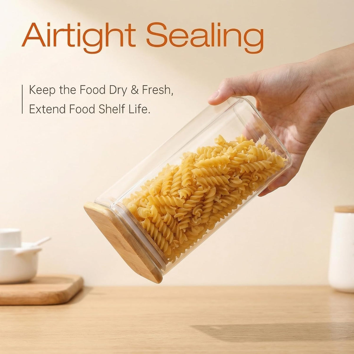 Square Glass Storage Containers with Bamboo Lids for Pasta &amp; Flour, 5 Pack