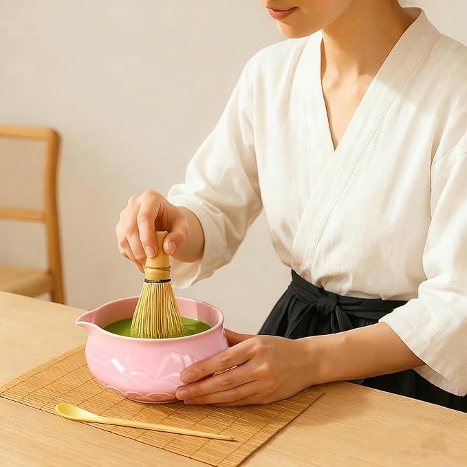Matcha Whisk Set with Bowl, 8 Pcs Matcha Kit with Ceramic Holder, Scoop Holder, Sifter, Tea Towel, Greeting Card, Bamboo Whisk and Scoop