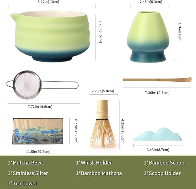 Matcha Bowl and Whisk Set - 7-Piece Kit Bamboo Matcha Whisk (Chasen), Ceramic Chawan, Sifter & Holder - All-in-One Matcha Making Kit Blue Green
