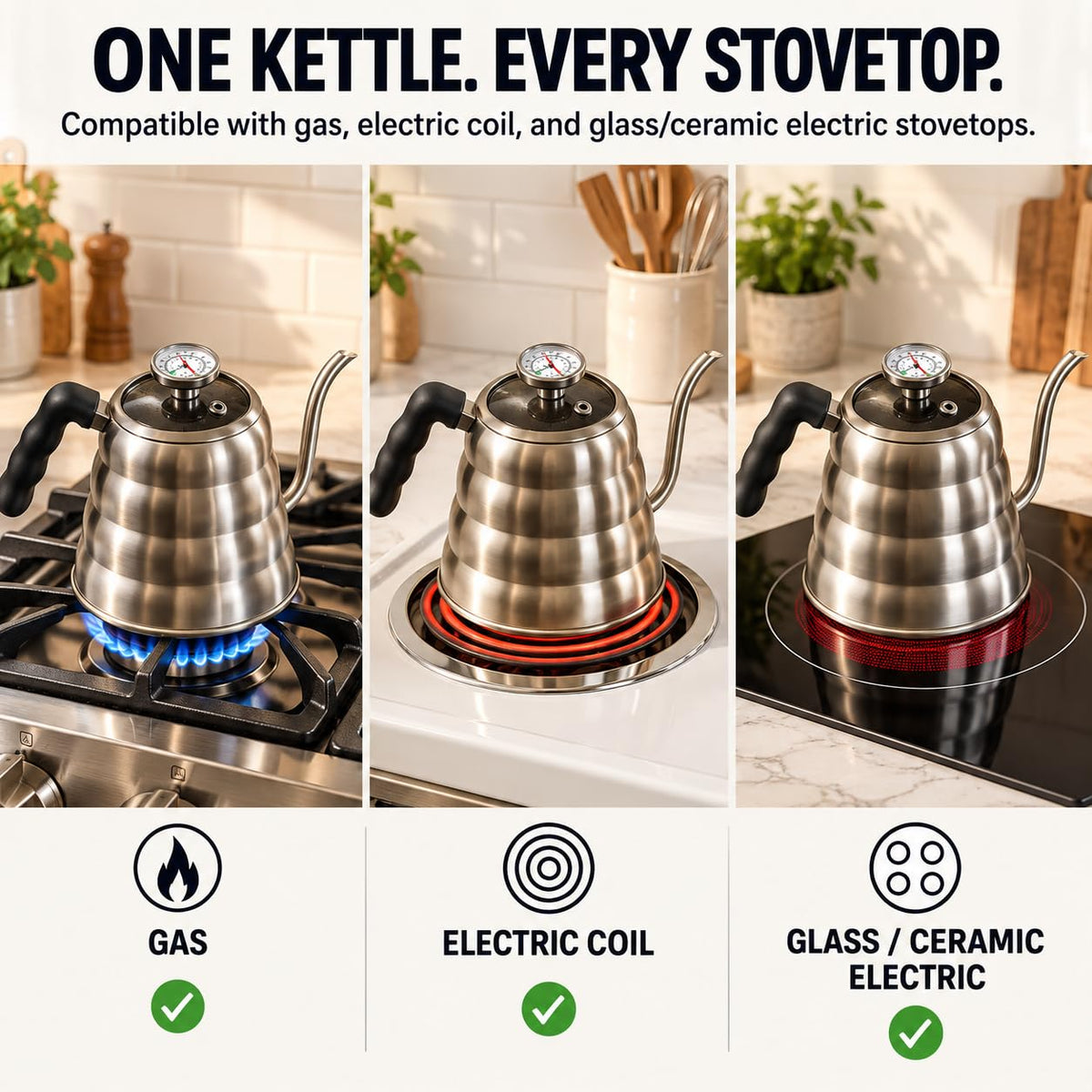 Bean Envy Gooseneck Kettle Stovetop - Pour Over Kettle with Thermometer