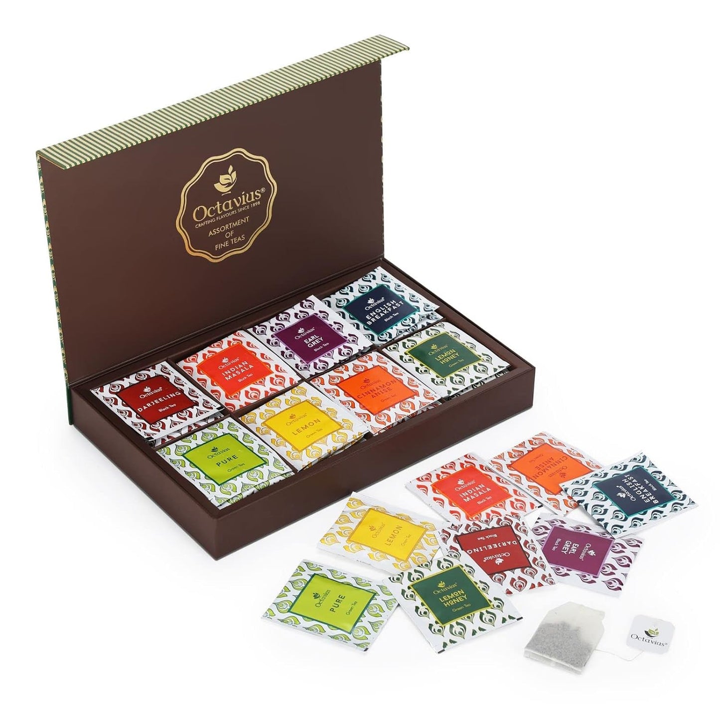 Octavius Tea Sampler Pack, 8 Assorted Black & Green Teas, 48 Teabags, Tea Sampler Variety Pack, Pack of 1