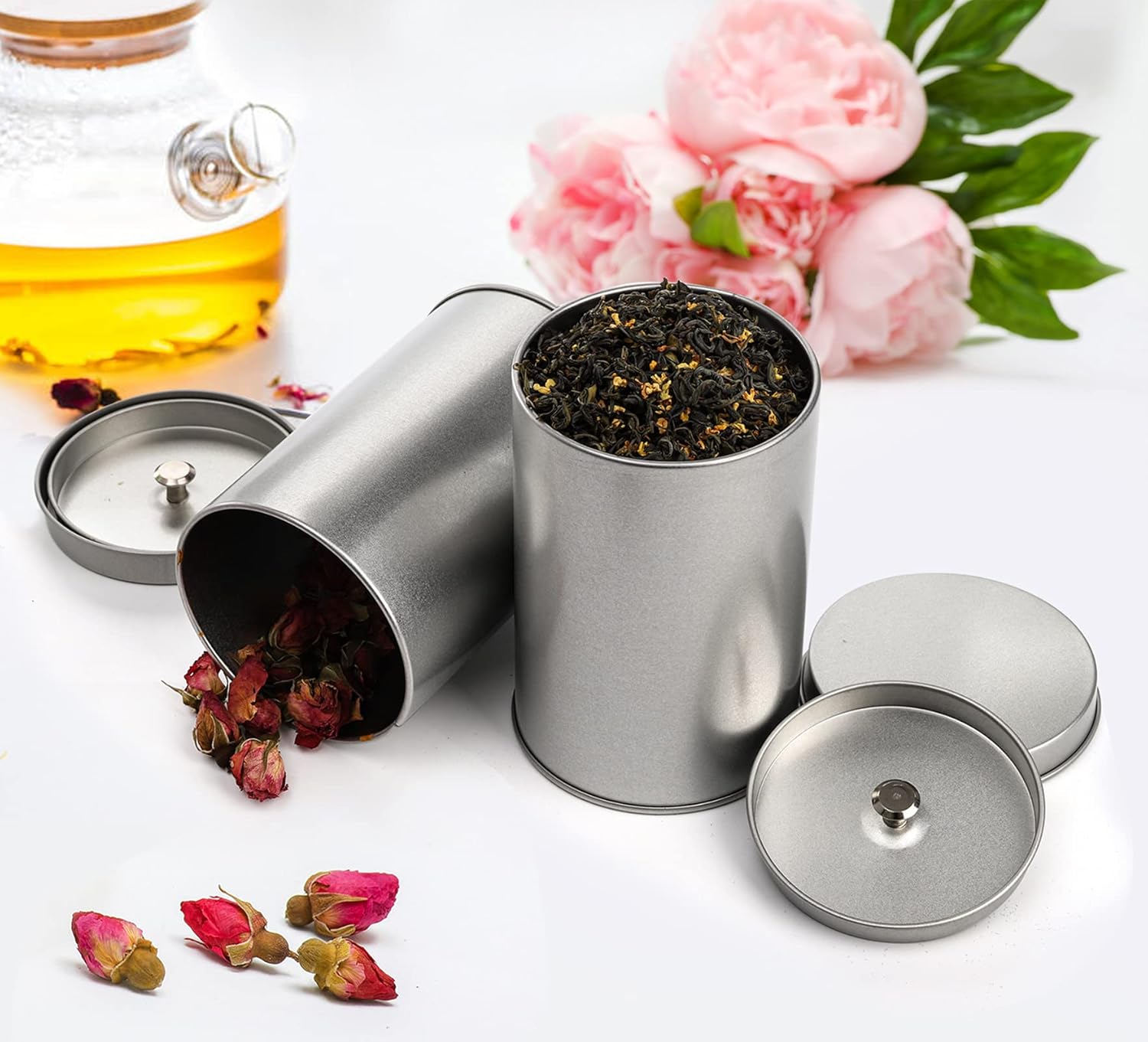 Yesland 6 Pack Tea Tin Canister with Airtight Double Lids, 12 Fluid Oz Tin Can Box and Small Round Kitchen Canisters for Loose Tea, Coffee, Candy, Herbs and Spices(Silver)