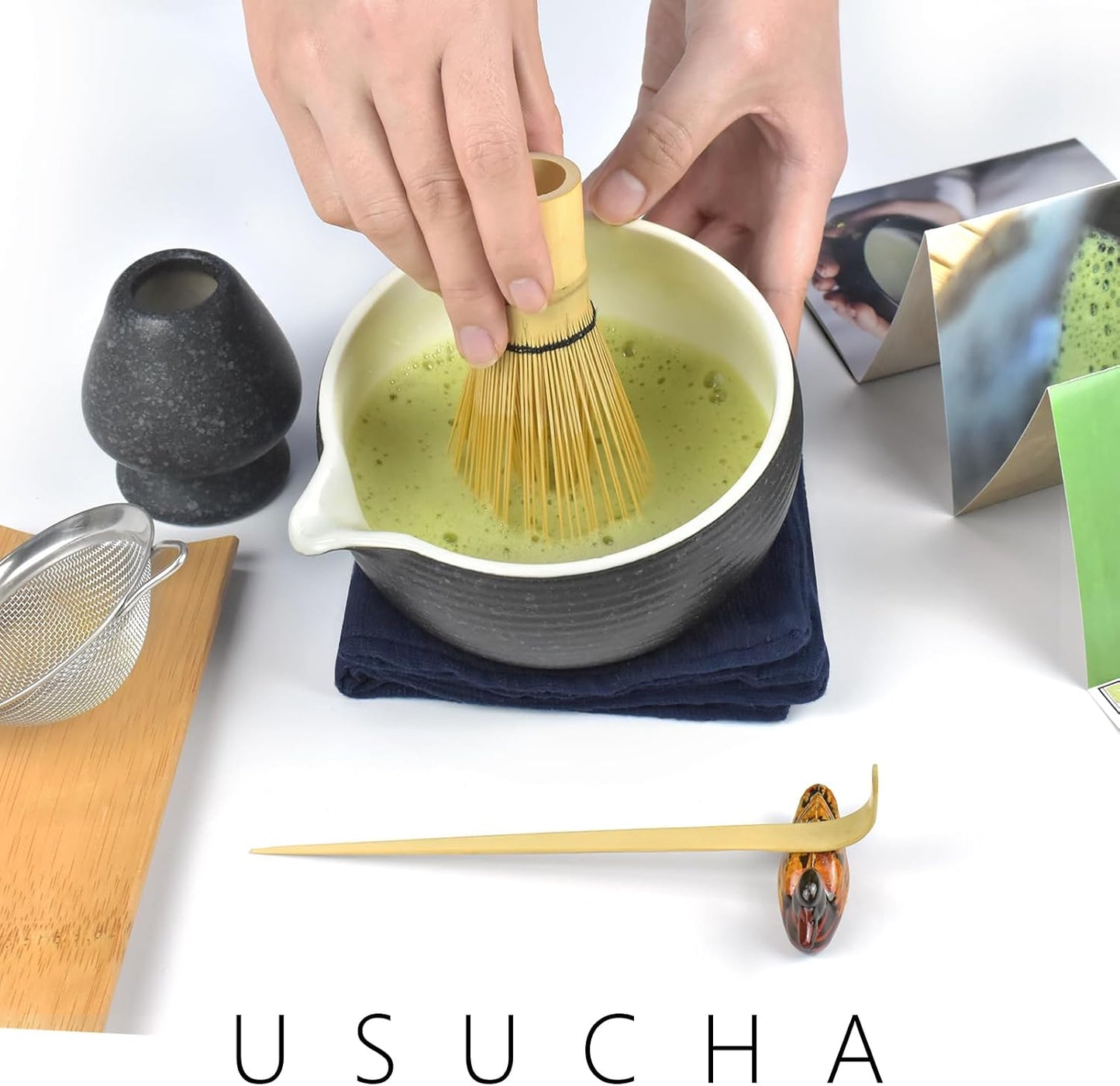 Artcome Bluestone Glaze Matcha Kit for Japanese Tea Ceremony, Bowl with Pouring Spout, Whisk, Tea Scoop, Matcha Powder Strainer, Matcha Tea Set For Making Usucha, Koicha and Matcha Latte (8 PCS)