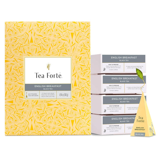 Tea Forte English Breakfast Premium Caffeinated Black Tea Blend Event Box, Bulk Pack 40 Count