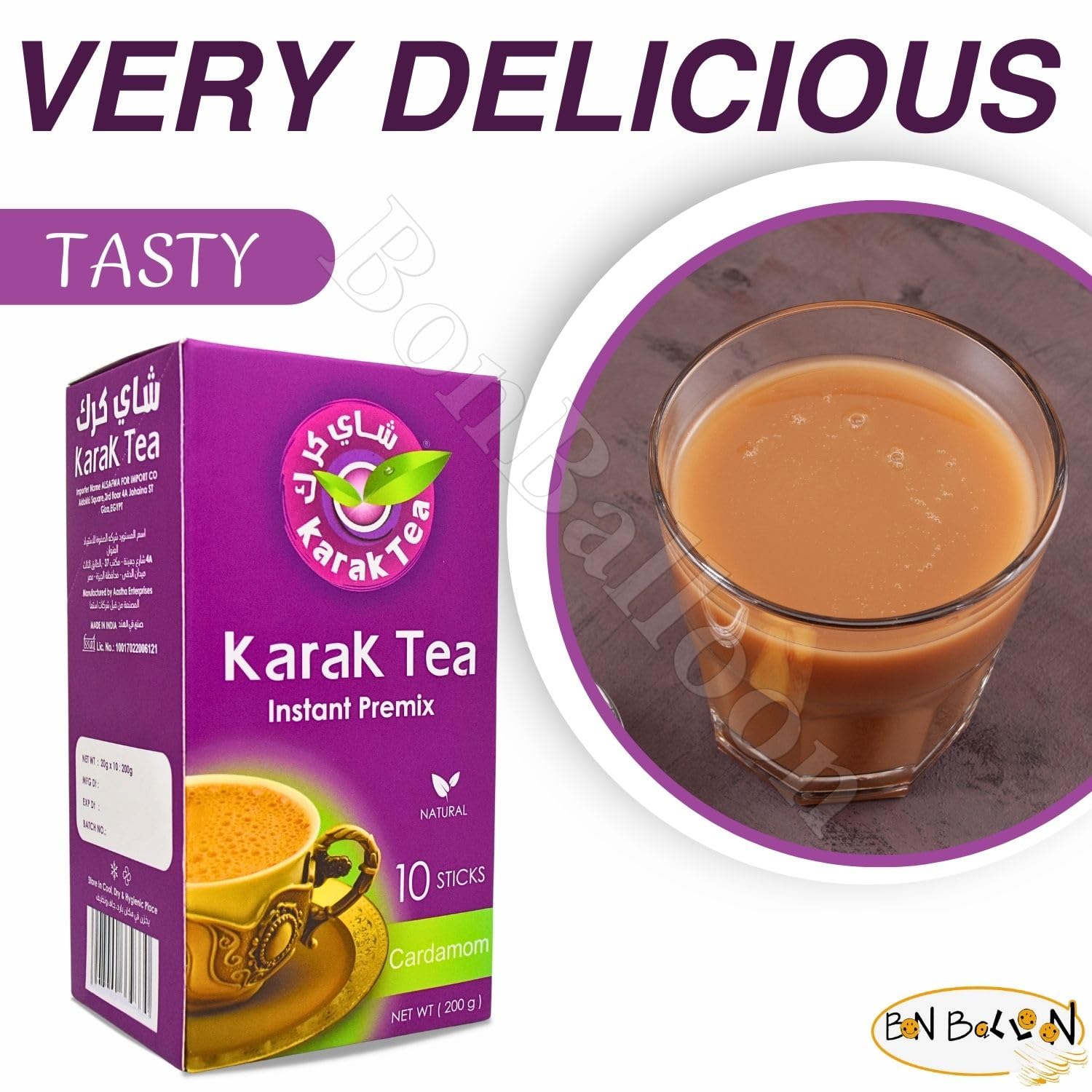 Karak Tea Instant Premix Cardamom Natural Chai Powder Oriental Egyptian Arab Egypt Arabic Kosher Halal (1 Pack = 10 Sachets x 20 gm) شاى كرك بالهيل سريع التحضير