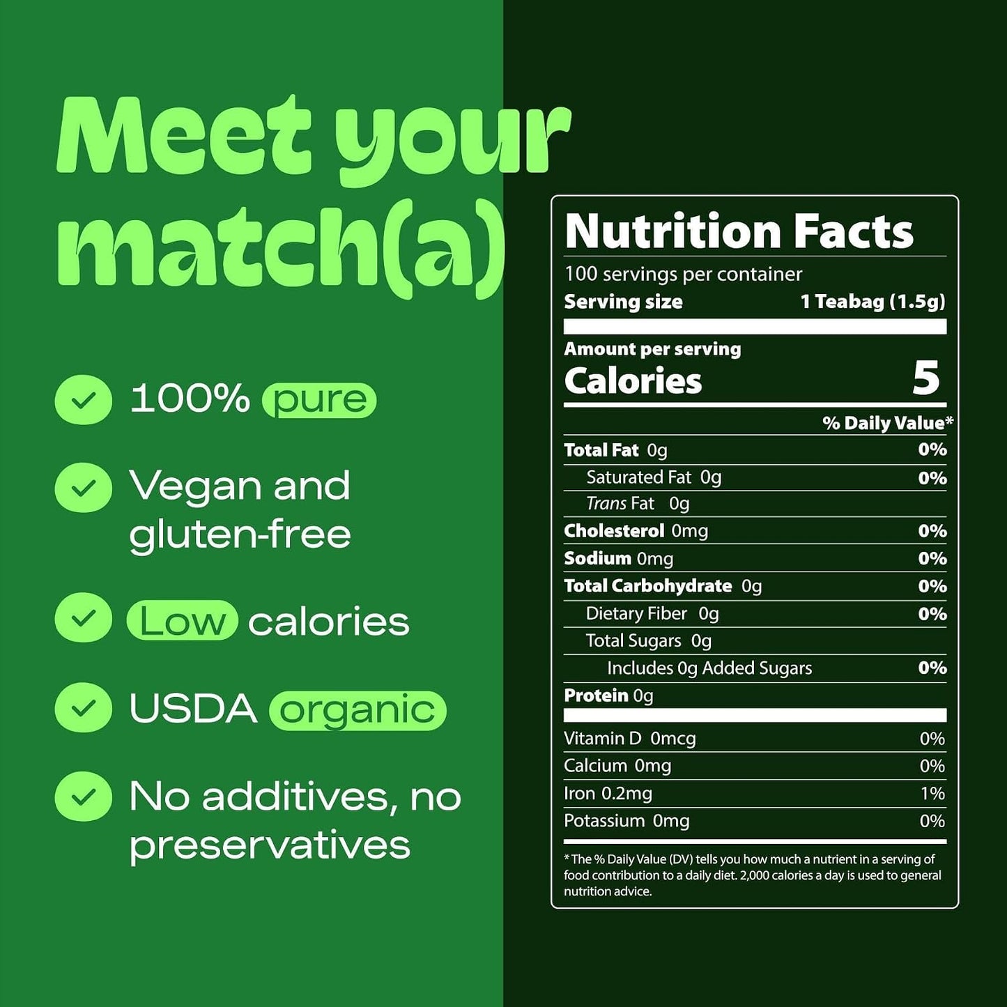 Matcha DNA Certified Organic Matcha Tea Bags, 100 Count Box, Green Tea | 100% Pure, Vegan, Gluten-Free, Unsweetened, No Additives, Smooth Green Tea Bags for Home, Office &amp; Travel