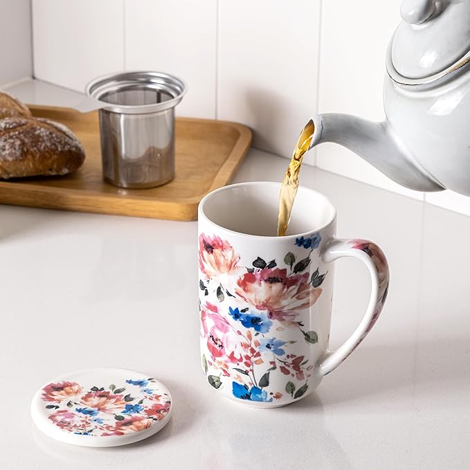 Gbhome Tea Mug with Infuser and Lid, 18 Ounce Large Ceramic Loose Leaf Cup, Microwave, Dishwasher Safe, Perfect For Tea Lovers