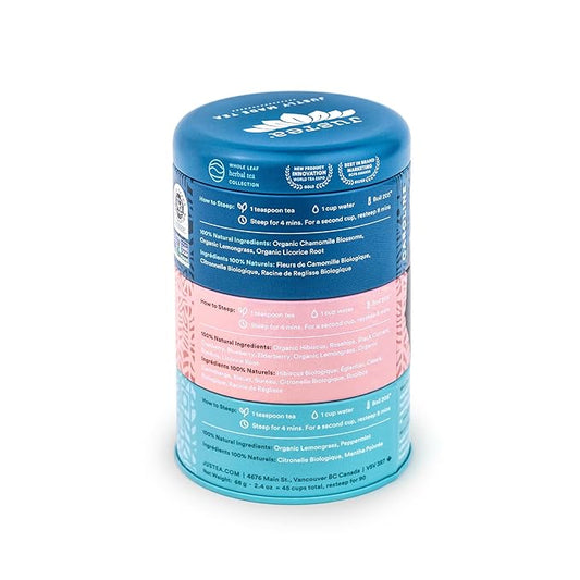 JusTea Herbal Tea Trio | Stacking Tins Variety Pack with Hand Carved Tea Spoon | Loose Leaf | Caffeine Free | Award-Winning | Fair Trade | Non-GMO