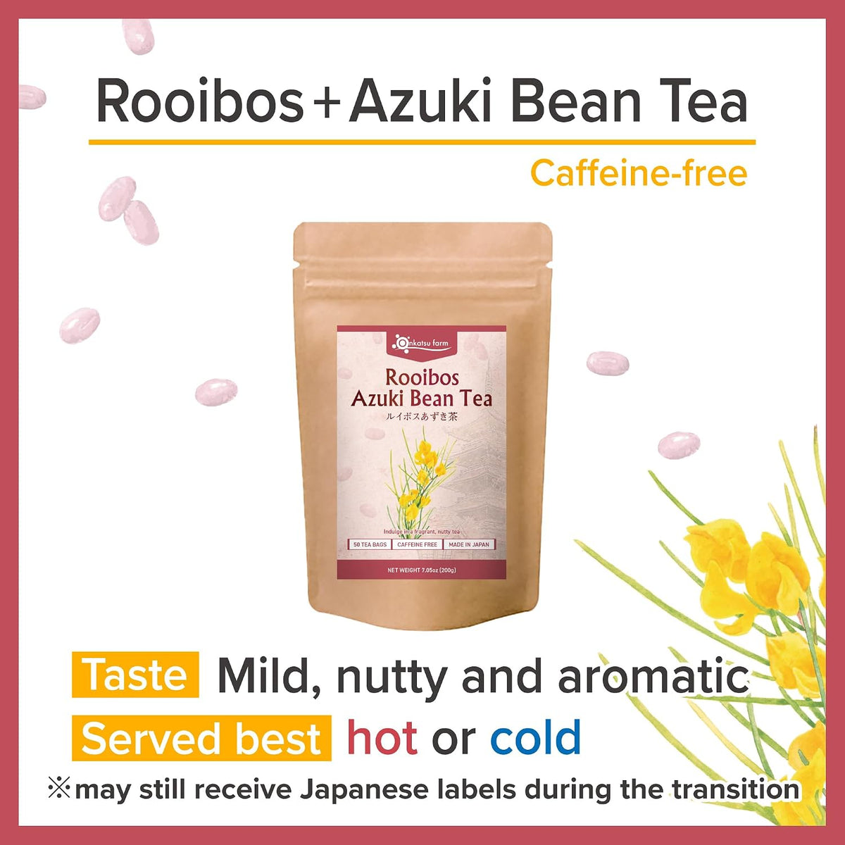Onkatsu Frarm Rooibos Azuki Tea Bags 50 Count Teabags Caffeine Free