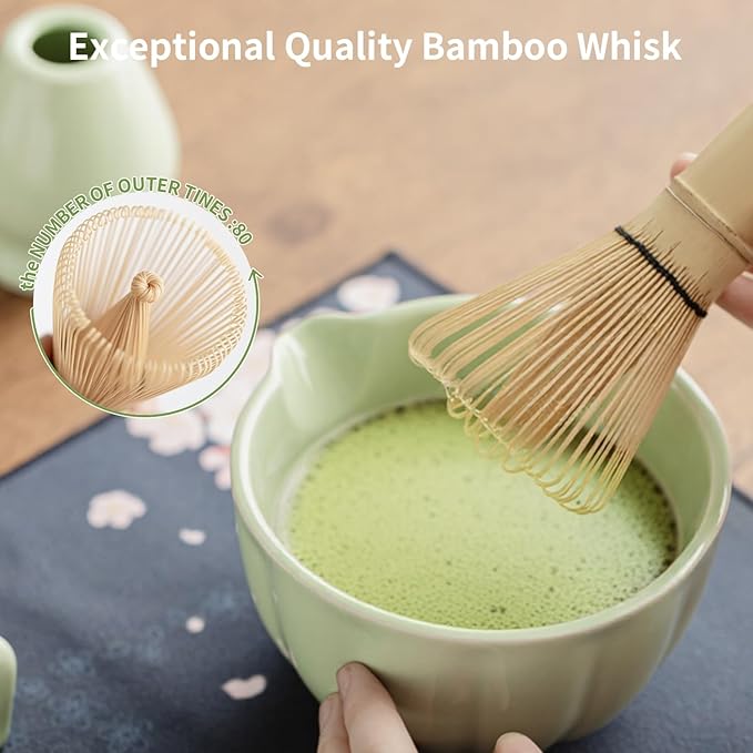 Matcha Whisk Set of 8 - Htrcxb Ceramic Matcha Set, Include Matcha Bowl, Matcha Whisk and Holder, Bamboo Scoop, Measuring Spoon, Scoop Rest