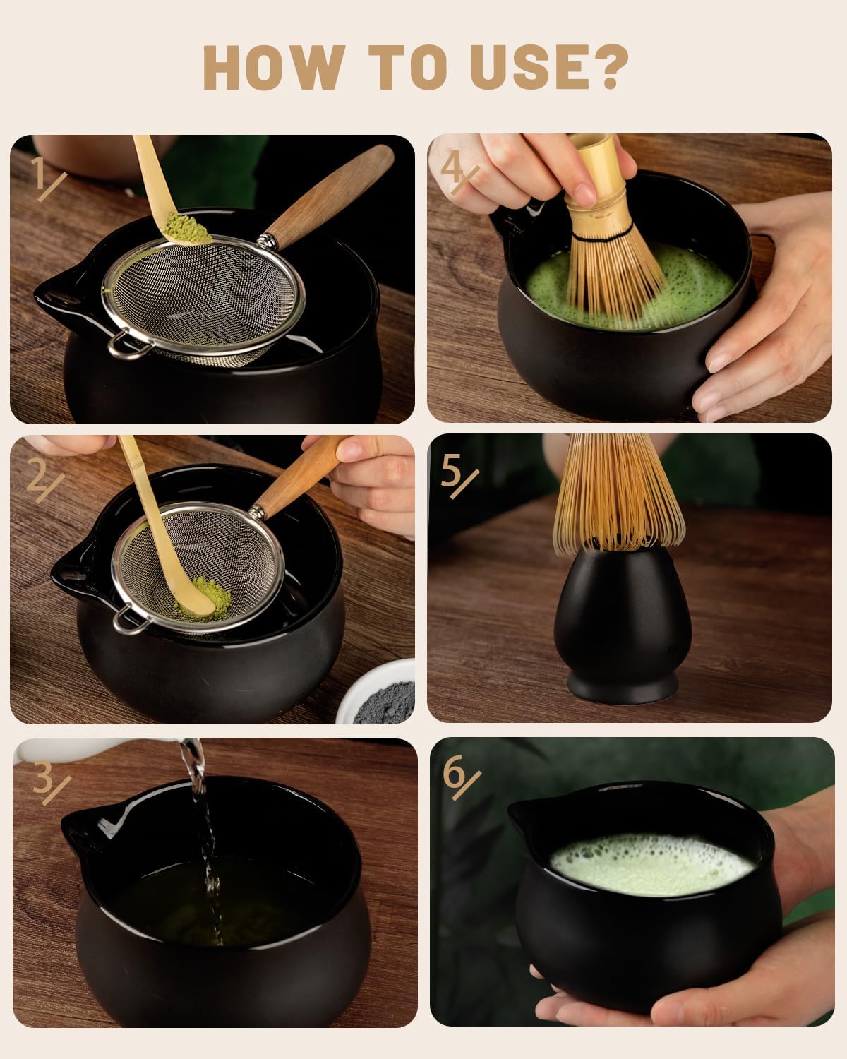 Nucookery Matcha Set with 18oz Ceramic Bowl Bamboo Whisk Kit 5pcs, Black | cute japanese matcha whisk set with spout chawan, chasen, scoop, sifter holder for beginners, tea lovers, starter tools, Gift
