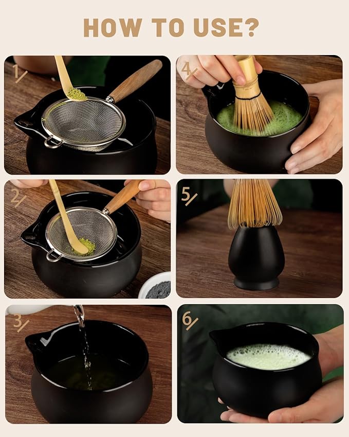 Nucookery Matcha Whisk Set - 5 Pcs Matcha Set with 18oz Ceramic Matcha Bowl (Chawan) with Spout, Bamboo Whisk & Holder, Scoop and Sifter