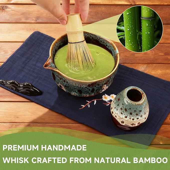 7-Pcs Matcha Whisk Set, Ceramic Matcha Set, Includes Matcha Bowl, Matcha Whisk, Chasen Holder, Bamboo Scoop, Scoop Rest, Stainless Sifter, Tea Towel