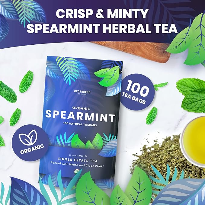 Organic Spearmint Herbal Tea — 100 Tea Bags, Grown in USA, Eco-Friendly Tea Bags, Non-GMO Caffeine Free Tea, Cederberg Tea Company
