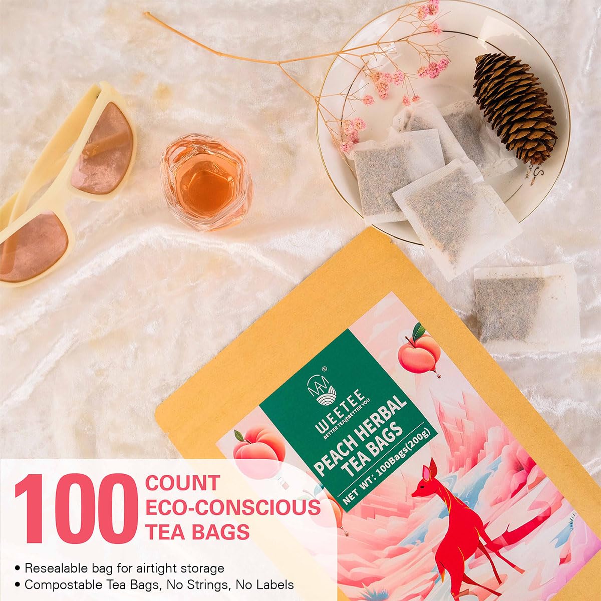 WT WEETEE Peach Herbal Tea Bags 100 Count, Bright, Juicy &amp; Fruity Infusion