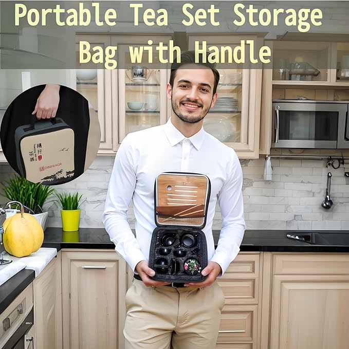 Portable Chinese Gongfu Tea Set - Handcrafted Ceramic Tea Set for Chinese/Japanese Tea Ceremony, Complete with Teapot & 4 Cups, Travel-Friendly Gift Set(Black)