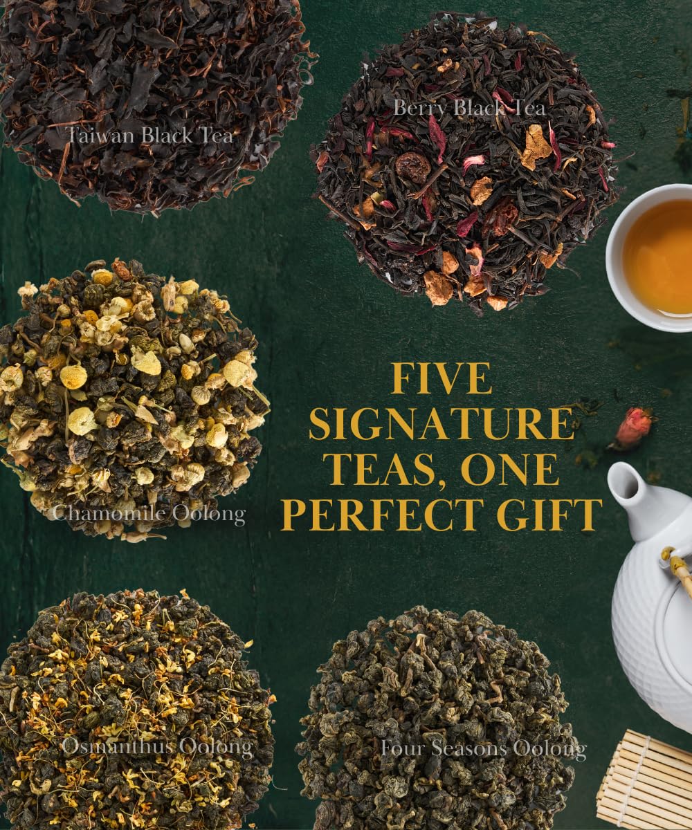 EZR Leaf Tea Sampler Gift Box– 22 Pyramid Tea Bags with Taiwan Black, Osmanthus Oolong, Chamomile Oolong, Berry Black, Four Seasons Green – Flavored Assorted Tea Set for Gifting & Tasting