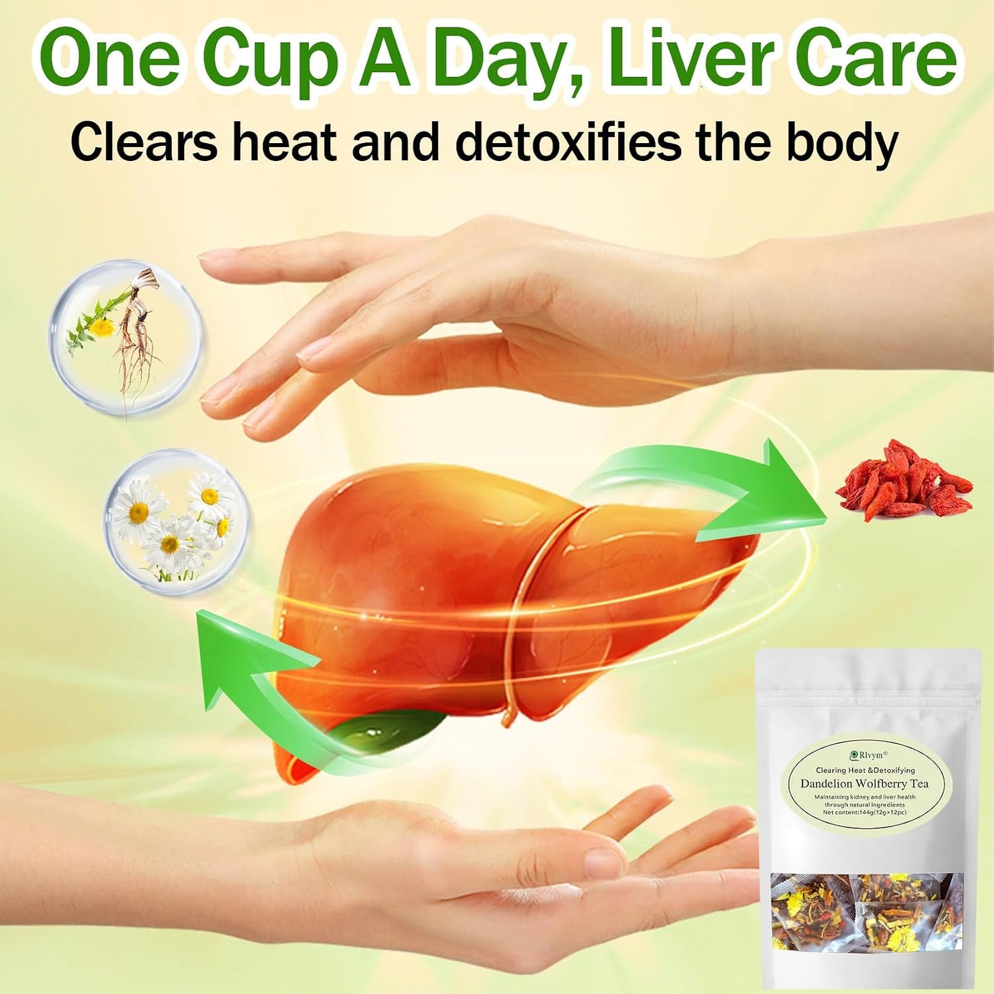 15 Bags Dandelion Wolfberry Tea, Natural Kidneys &amp; Liver Health Goji Berry Chrysanthemum Cassia Seed Tea, Seven Natural Herbal Ingredients, For Kidney &amp; Liver Health(15bags, 150g)