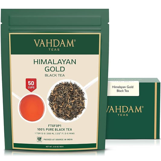 VAHDAM, Himalayan Gold Black Tea (50 Cups/3.53oz) Pure Black Tea Leaves With GOLDEN TIPS | Robust, Rich & Flavory Loose Tea | Unblended Single Origin Black Loose Leaf Tea | Vacuum Sealed Pack