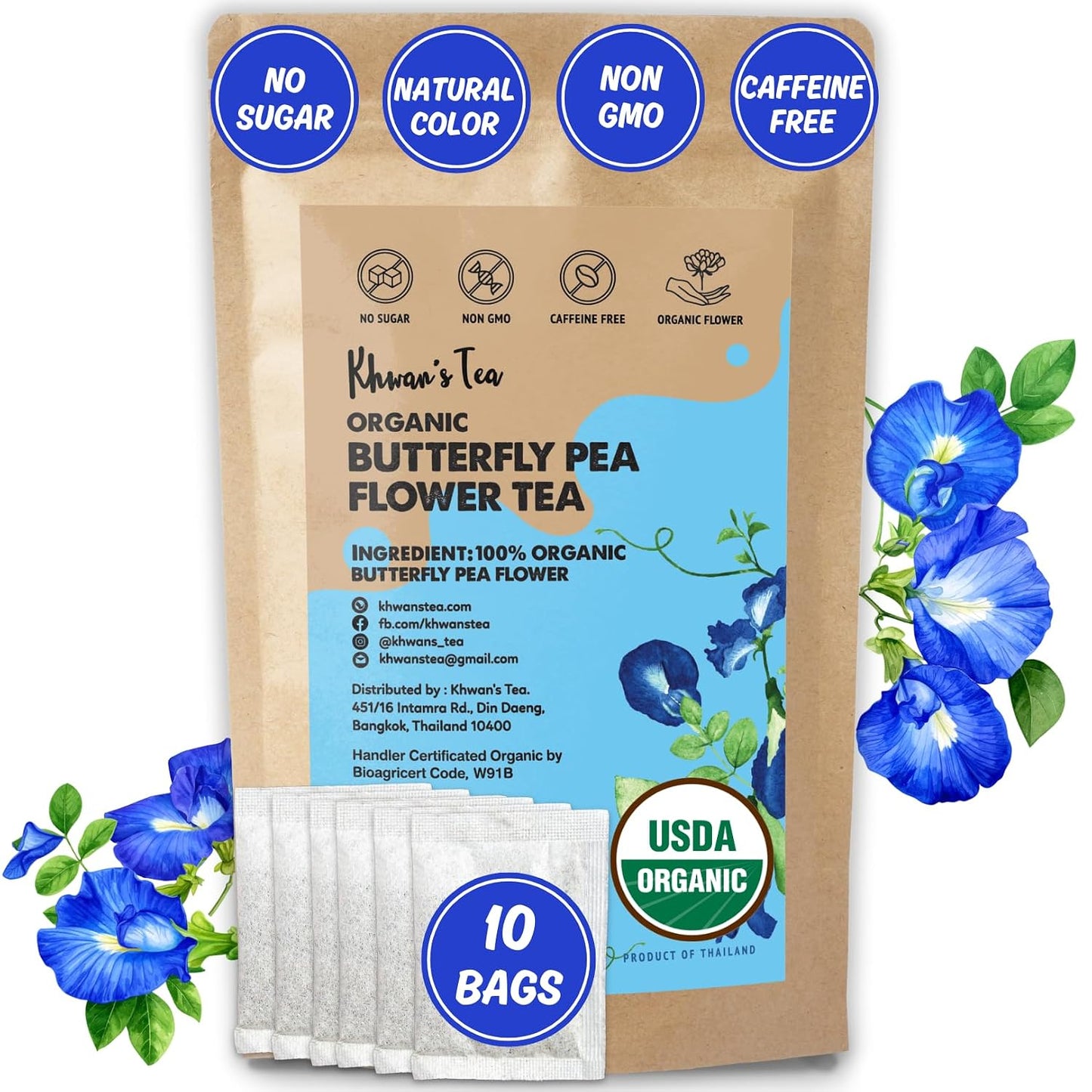 KHWAN'S TEA Organic Butterfly Pea Flower Tea Bags, USDA Organic, 10 Count | Organic butterfly pea flower tea bags, color-changing blue herbal tea, whole-flower, caffeine-free, vegan, Thai-grown, 10 ct