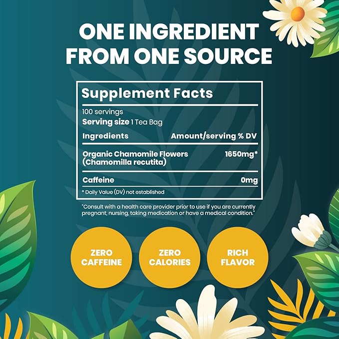 Organic Chamomile Tea — 100 Tea Bags, Organic Herbal Tea From Single Origin, Eco-Friendly Tea Bags, Non-GMO Caffeine Free Tea With Zero Sugar