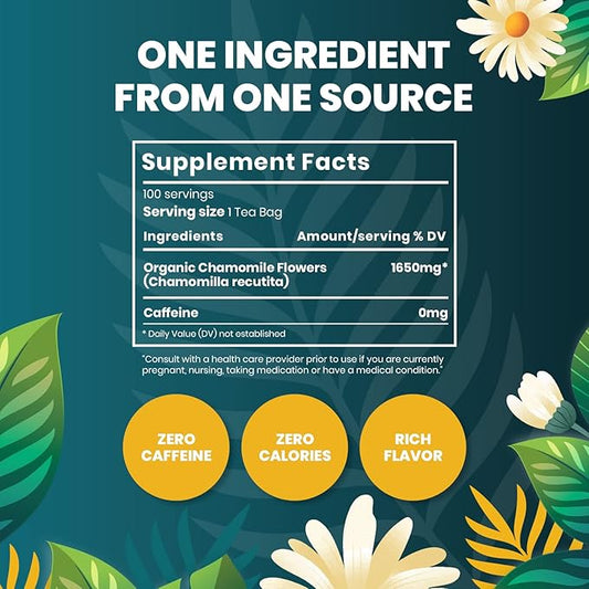 Organic Chamomile Tea — 100 Tea Bags, Organic Herbal Tea From Single Origin, Eco-Friendly Tea Bags, Non-GMO Caffeine Free Tea With Zero Sugar