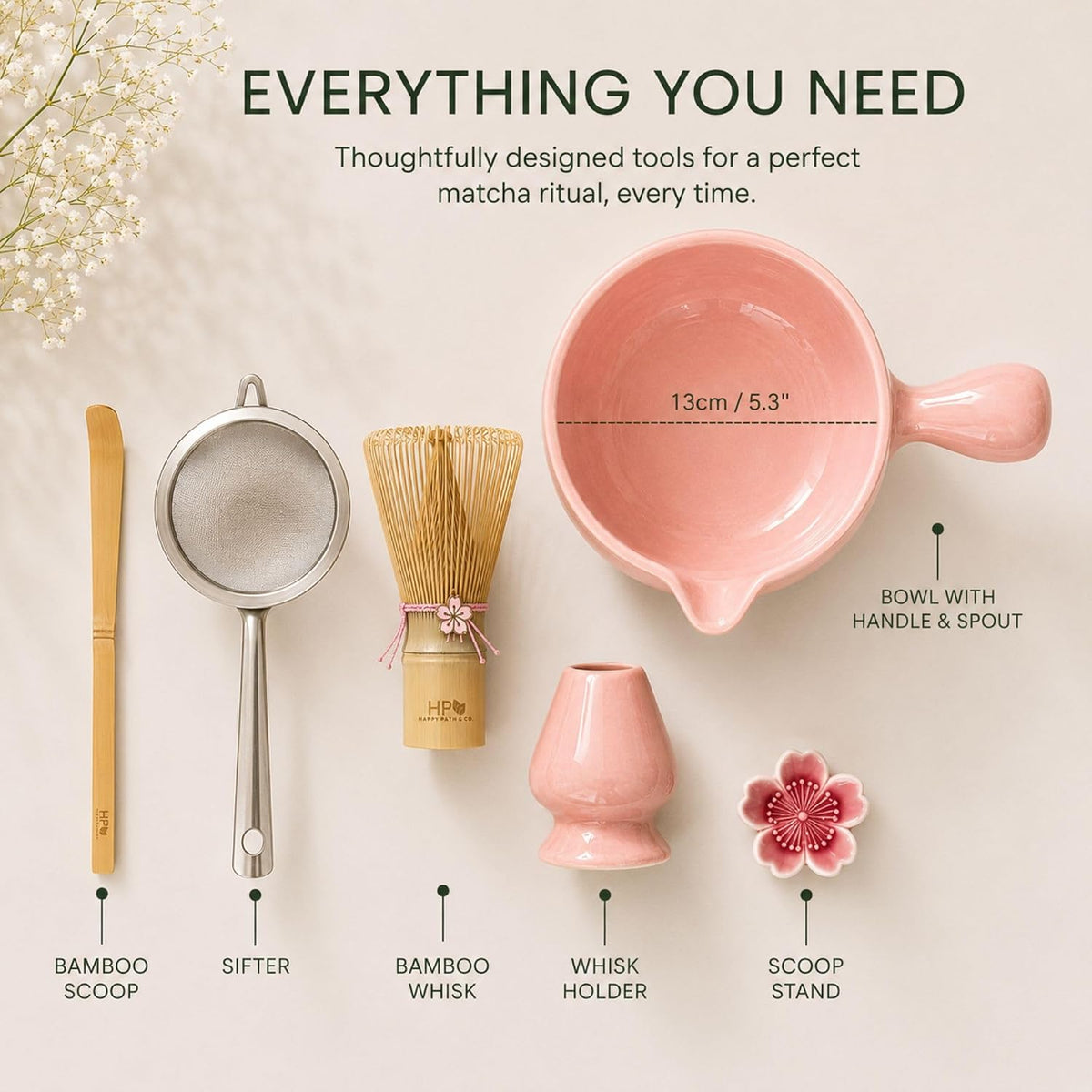 HAPPY PATH &amp; CO Patented Matcha Bowl Set with Handle &amp; Spout - Spill-Free Pouring | Complete Matcha Set for Beginners | Includes Bamboo Whisk, Scoop &amp; Stand (Pink Blossom - Soft Pink)