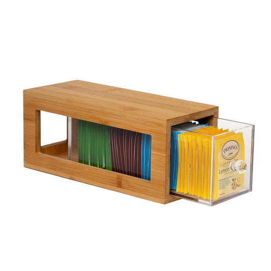 Bamboo and Acrylic Drawer Tea Bag Holder- Durable & Elegant Tea Bag Storage Holder for Kitchen Countertop, Space-Saving Tea Drawer Organizer