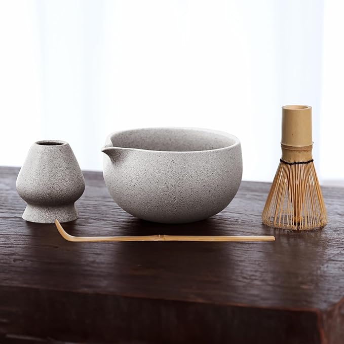 Stone-Texture Gray Matcha Whisk Set with Pouring Spout – Japanese Matcha Kit with Handcrafted Ceramic Bowl, Bamboo Whisk, Scoop