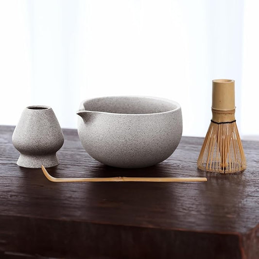 Stone-Texture Gray Matcha Whisk Set with Pouring Spout – Japanese Matcha Kit with Handcrafted Ceramic Bowl, Bamboo Whisk, Scoop