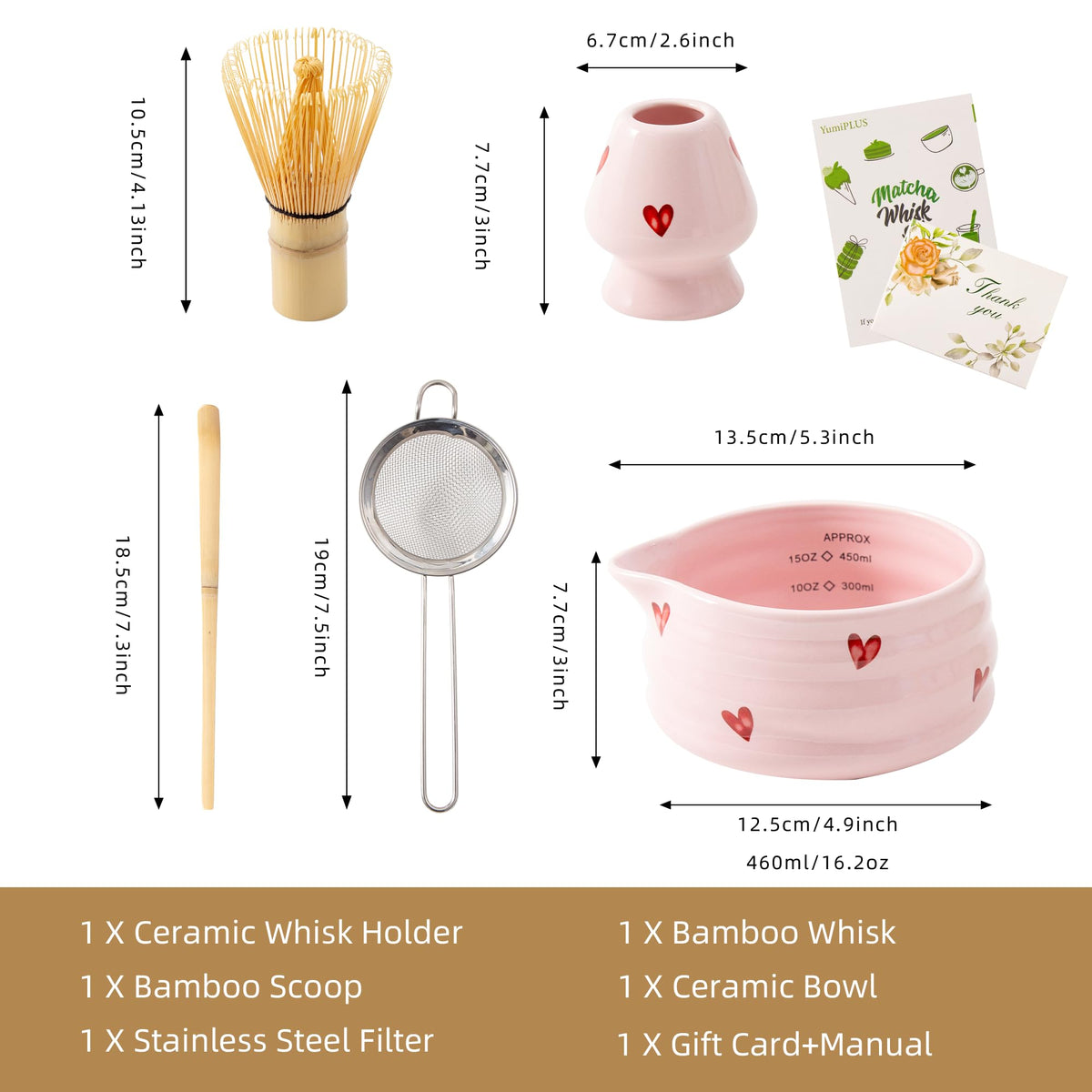 YumiPLUS 5pcs Matcha Set with Bamboo Whisk, Pink Love