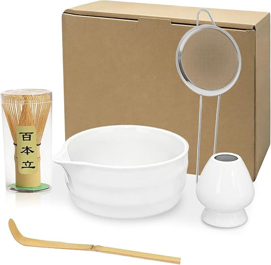 ZaH Matcha Whisk Set Includes Matcha Whisk and Bowl/Ceramics Whisk Holder/Bamboo Tea Scoop/Sifter - Japanese Matcha Set Kit (5pcs), White