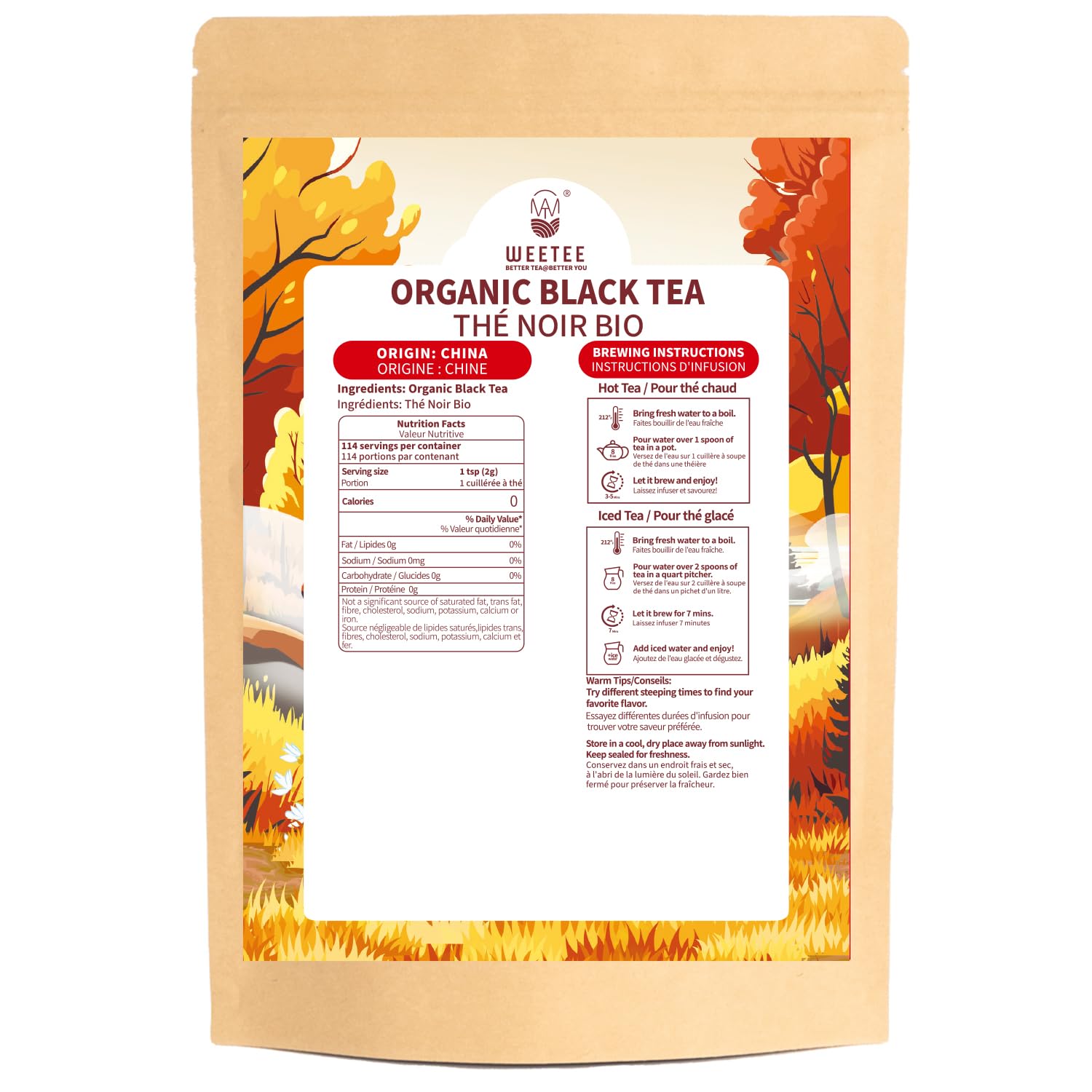 WT WEETEE Organic Black Tea Loose Leaf, 110+ Cups, Made of Flowery Orange Pekoe Black Tea Leaves, No Bitter & Rich Flavor, Premium Loose Leaf Black 228g /8oz