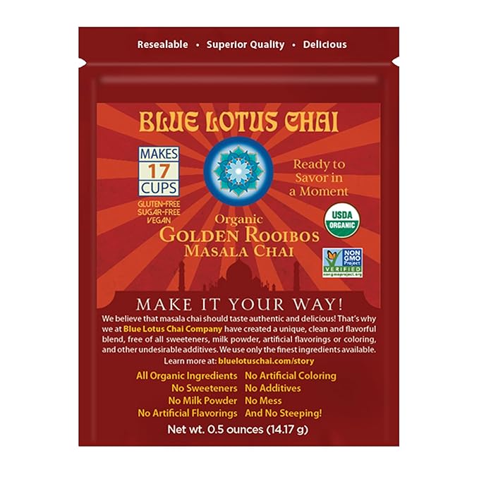Blue Lotus Chai - Golden Rooibos Flavor Masala Chai - Makes 17 Cups - 0.5 Ounce Masala Spiced Chai Powder with Organic Spices - Instant Indian Tea No Steeping - No Gluten