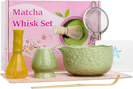6pcs Matcha Whisk Set Includes Resin Matcha Whisk,Ceramic Matcha Bowl Set and Sifter,Matcha Whisks Holder