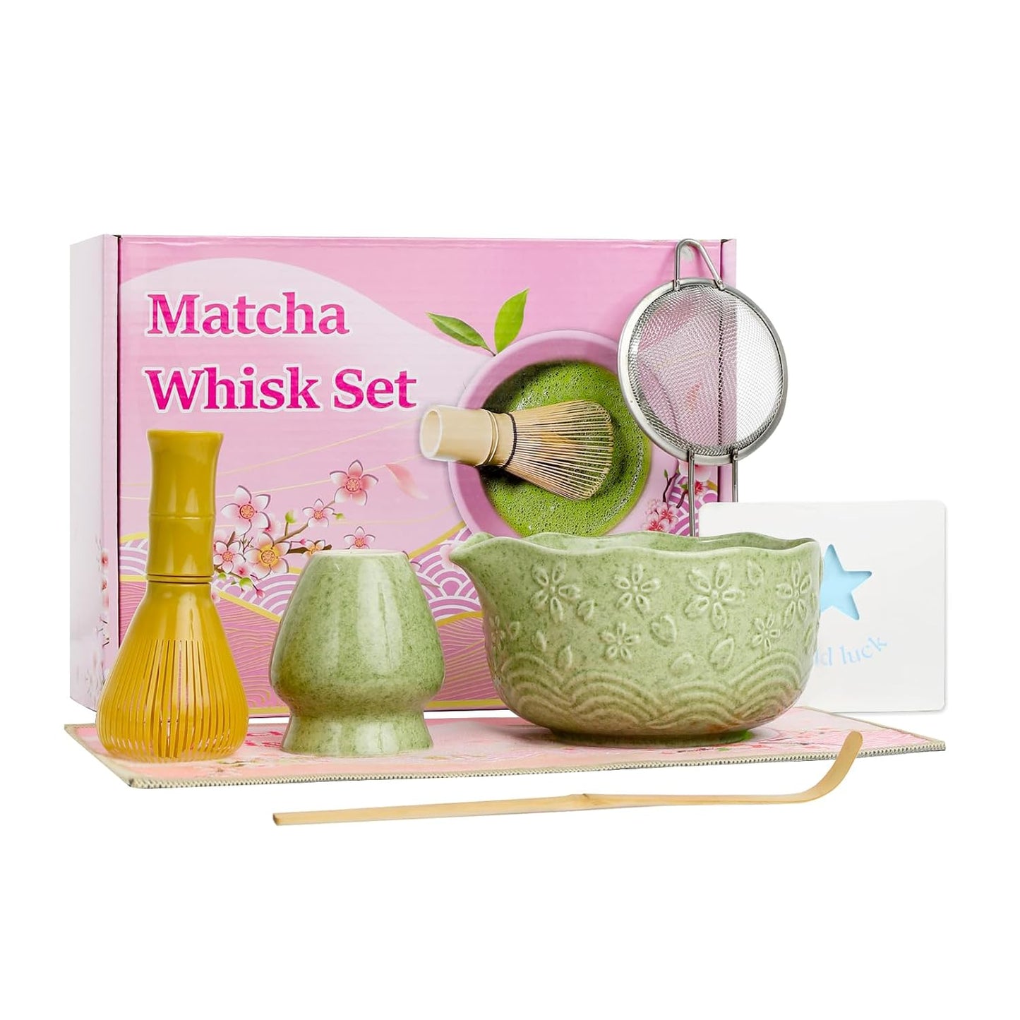 6pcs Matcha Whisk Set Includes Resin Matcha Whisk,Ceramic Matcha Bowl Set and Sifter,Matcha Whisks Holder
