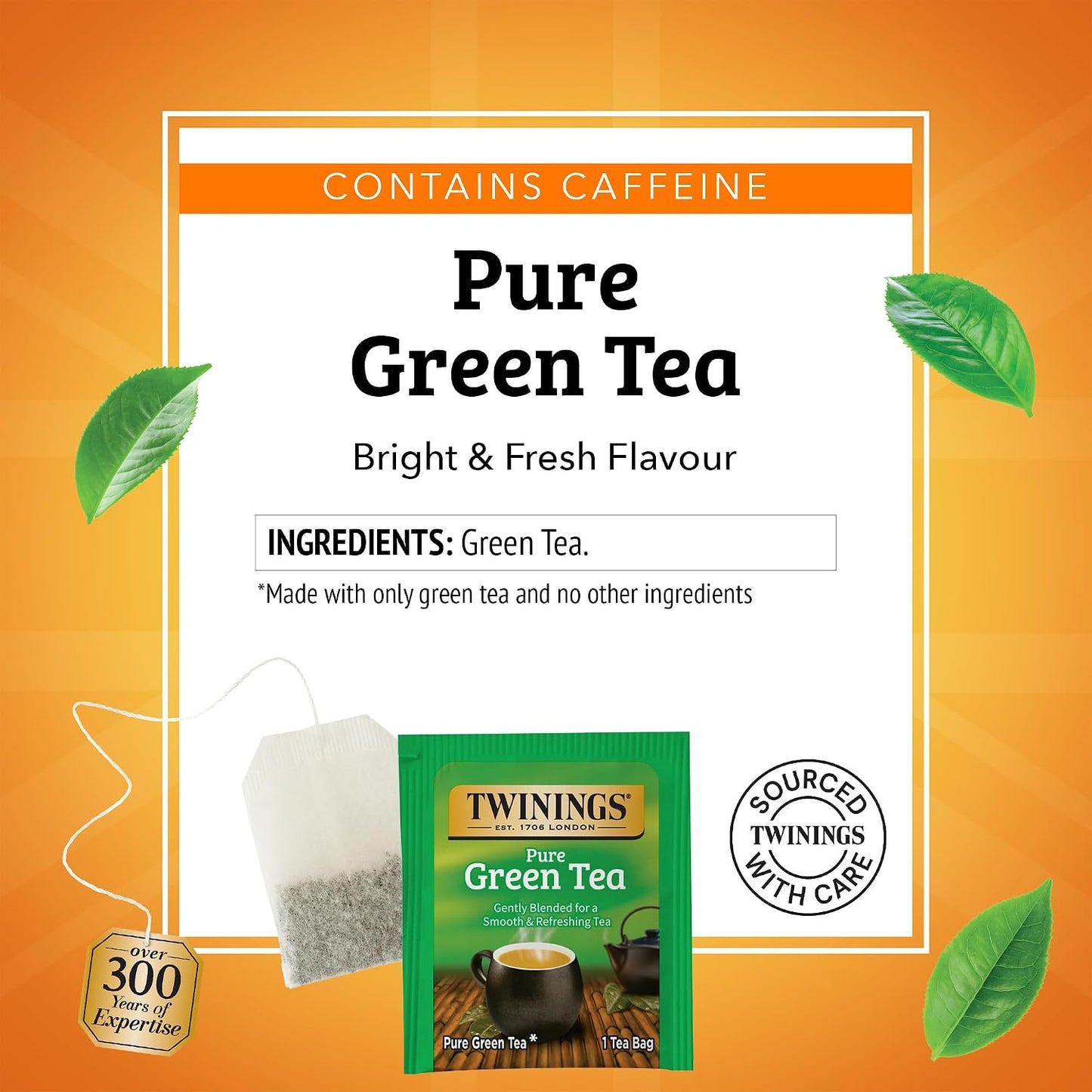 Twinings Pure Green Tea, Caffeinated, Tea Bags, 100 CT Box (1 Pack) | Pure, Smooth, Fresh &amp; Aromatic Green Tea, Naturally Caffeinated, 100 Foil Lined Individually Wrapped Bags, Enjoy Hot or Iced